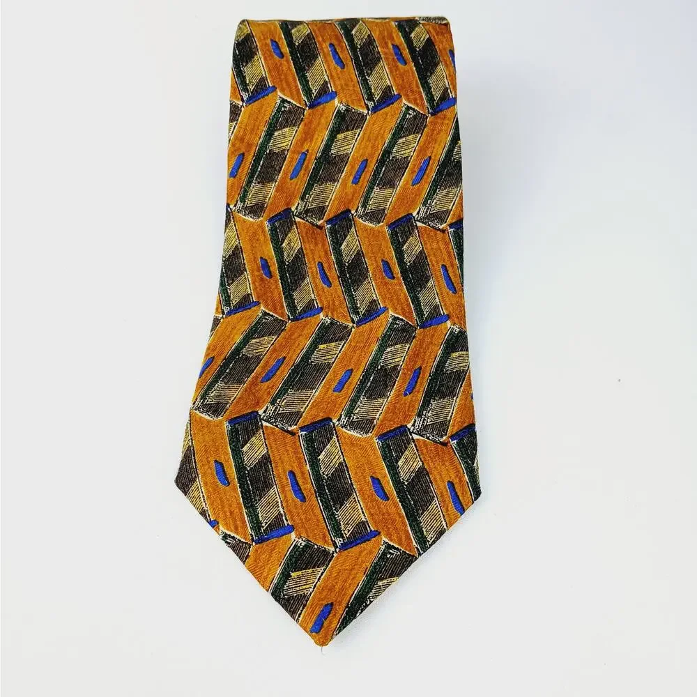 Ermenegildo Zegna Italy 100% Silk Tie Mustard Yellow Blue Green Black Geo Print
